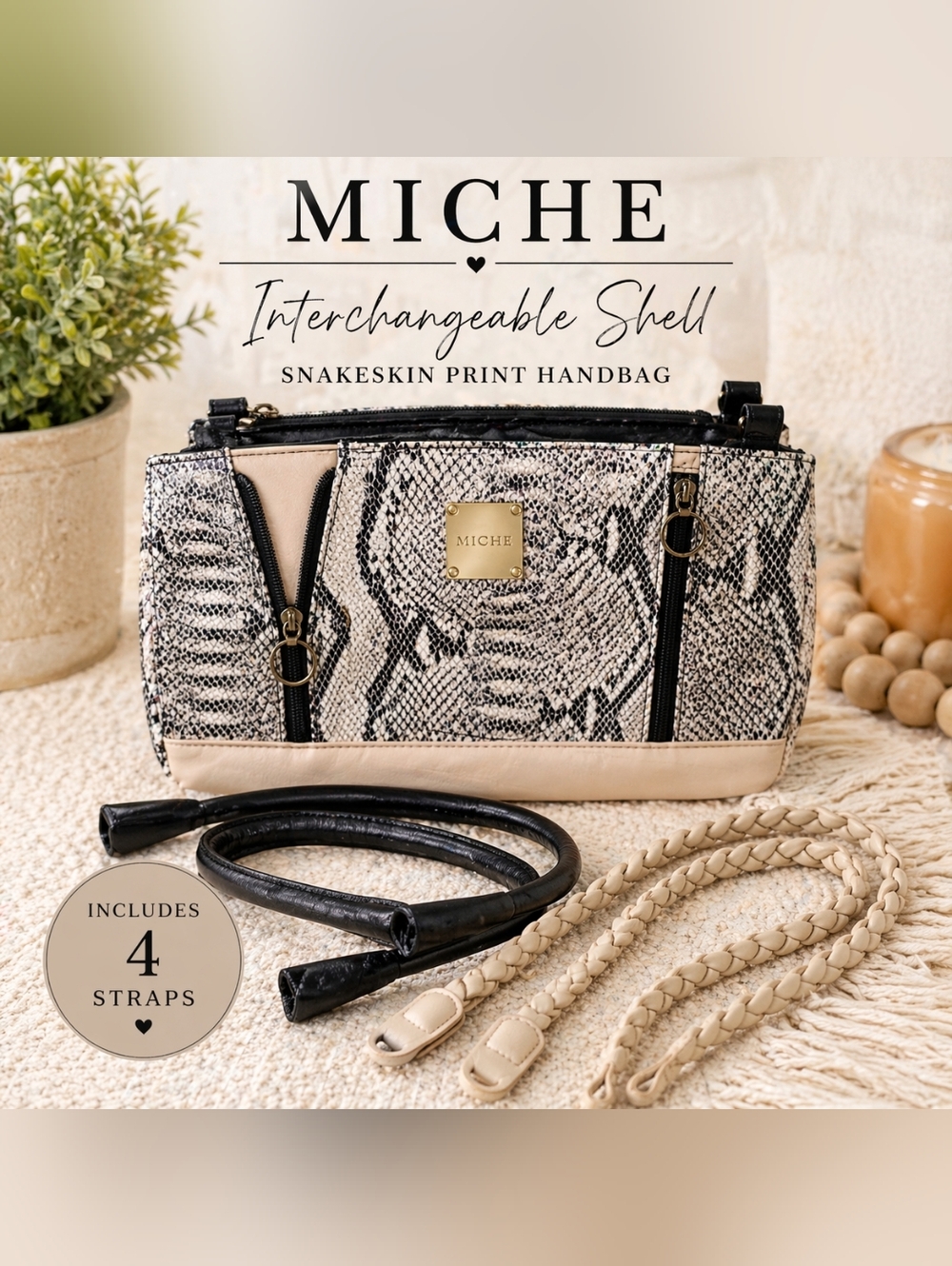 Miche Snakeskin Print Shell Bag w/ 4 Straps Black & Braided Handles Faux Leather